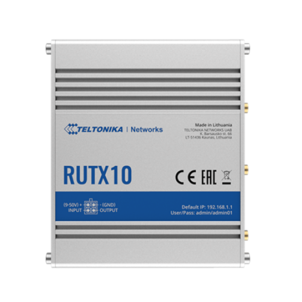 Industrial Router , RUTX10 , 802.11ac , 867 Mbit/s , 10/100/1000 Mbit/s , Ethernet LAN (RJ-45) ports 4 , Mesh Support No , MU-MiMO No , No mobile broadband , 1 , 24 month(s)