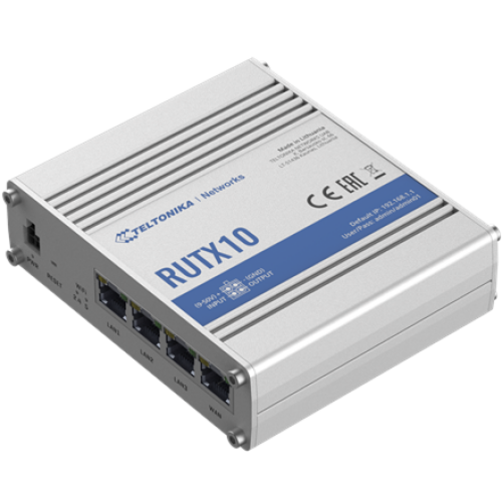 Industrial Router , RUTX10 , 802.11ac , 867 Mbit/s , 10/100/1000 Mbit/s , Ethernet LAN (RJ-45) ports 4 , Mesh Support No , MU-MiMO No , No mobile broadband , 1 , 24 month(s)