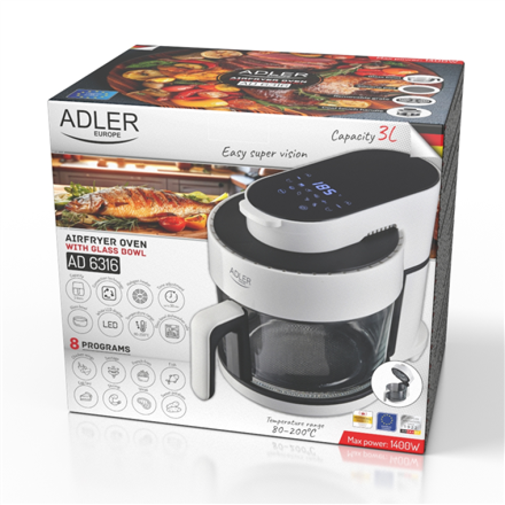 Adler Air Fryer Oven with Glass Bowl , AD 6316 , Power 1200 W , Capacity 3 L , Convection , White/Black