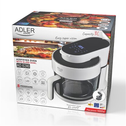 Adler Air Fryer Oven with Glass Bowl , AD 6316 , Power 1200 W , Capacity 3 L , Convection , White/Black