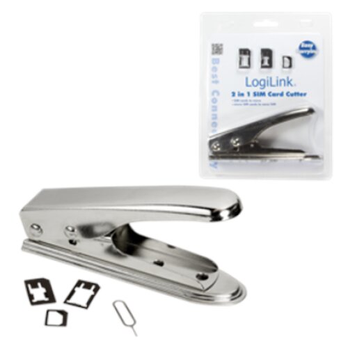 Logilink 2 in 1 SIM Card Cutter *For cutting of SIM cards into micro and nano format*Material: Stainless iron*For easy cutting of SIM cards*2x Nano-SIM cards, 1x Micro SIM Card*Adapter and 1x SIM card pin included*Color: Silver/Chrome