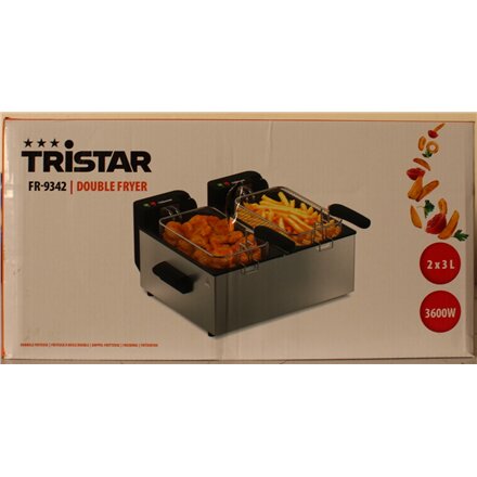 SALE OUT. Tristar FR-9342 Double deep fryer, Total capacity 6 L, 3600 W, Stainless Steel/Black , Tristar Double deep fryer , FR-9342 , Power 3600 W , Capacity 6 L , Silver , DAMAGED PACKAGING, DENTED BODY (BACKSIDE, BOTTOM) , 24 month(s)