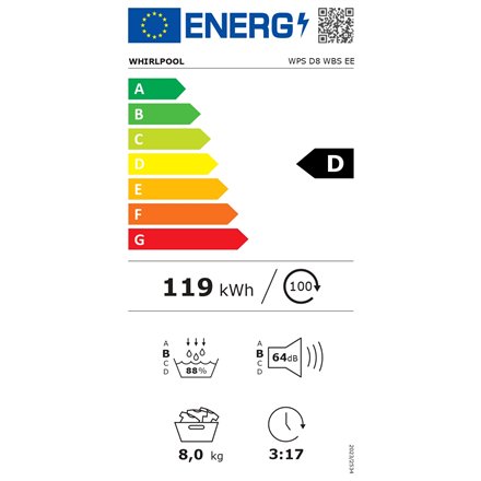 Whirlpool Dryer Machine , WPS D8 WBS EE , Energy efficiency class D , Front loading , 8 kg , Heat pump , Digital , Depth 55 cm , White