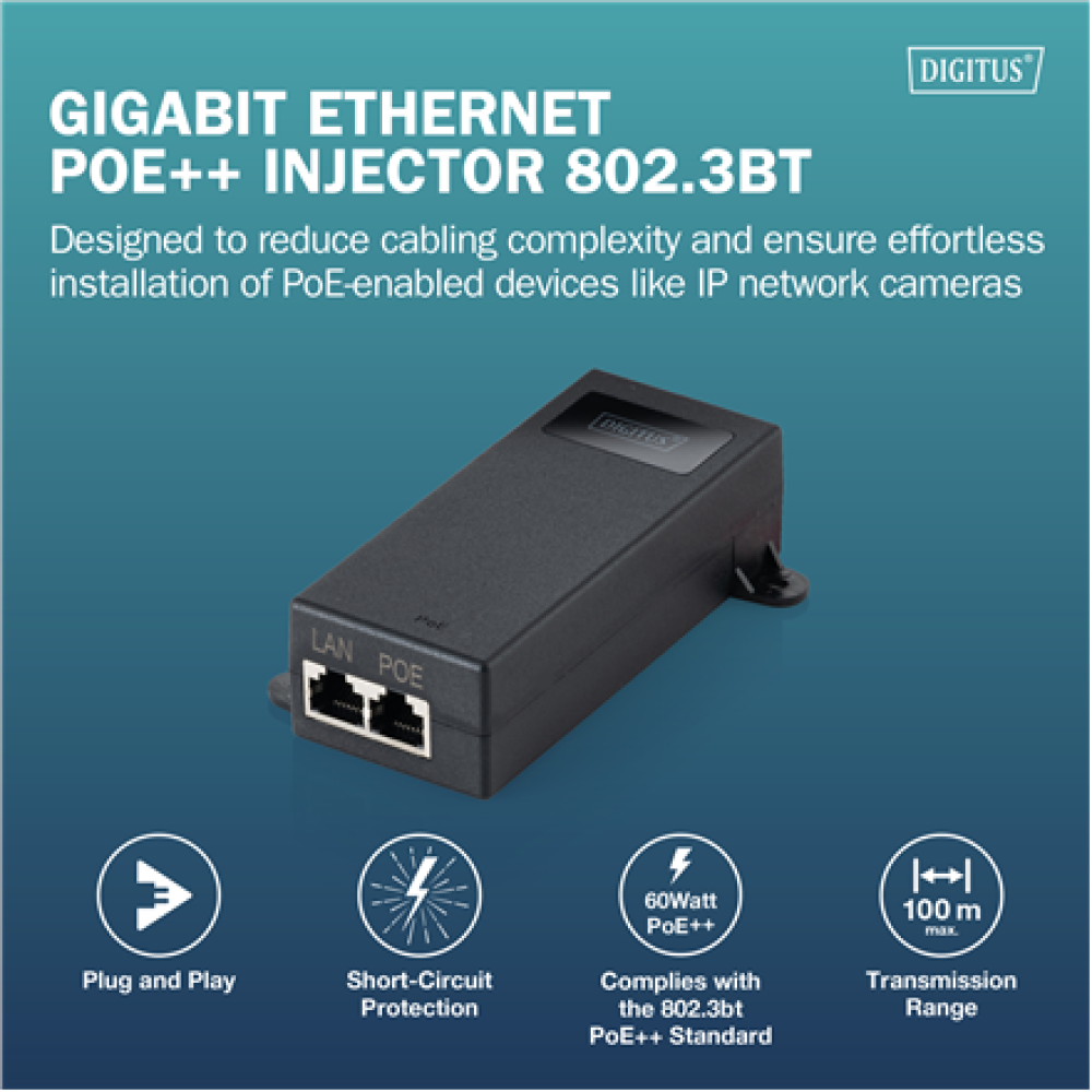 Digitus Gigabit Ethernet PoE++ injector, 802.3bt , DN-95104-1