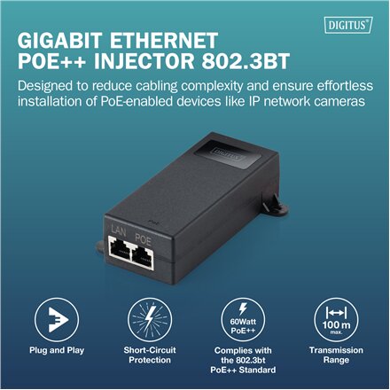 Digitus Gigabit Ethernet PoE++ injector, 802.3bt , DN-95104-1