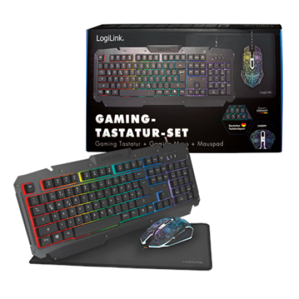 Logilink , Gaming-Set, keyboard, mouse and mouspad , ID0185 , Metal , Keyboard, Mouse and Pad Set , Wired , Mouse included , DE , Numeric keypad