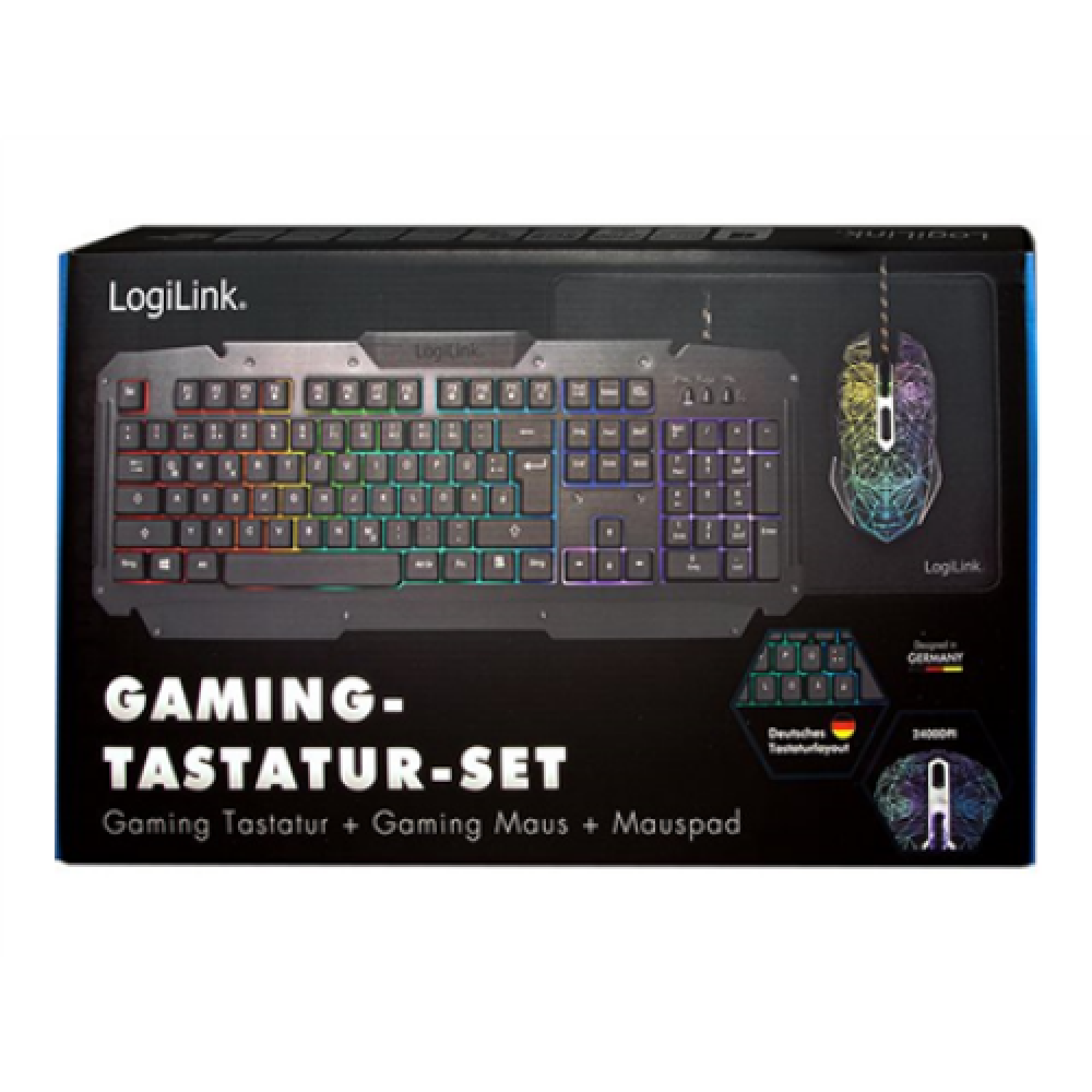 Logilink , Gaming-Set, keyboard, mouse and mouspad , ID0185 , Metal , Keyboard, Mouse and Pad Set , Wired , Mouse included , DE , Numeric keypad