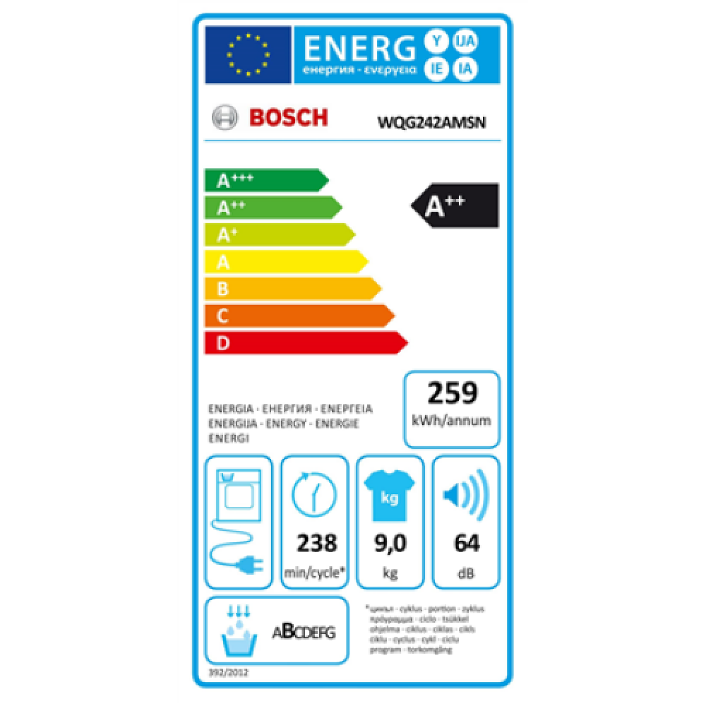 Bosch , Dryer Machine , WQG242AMSN Series 6 , Energy efficiency class A++ , Front loading , 9 kg , Sensitive dry , LED , Depth 61.3 cm , Steam function , White