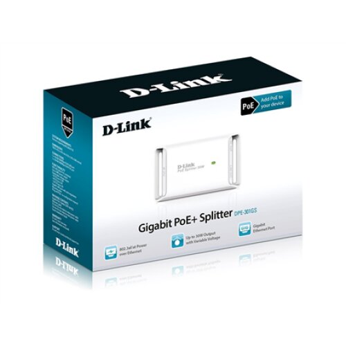 D-Link , DPE-301GS Gigabit PoE Splitter Compliant with 802.3af/802.3at , 10,100,1000 Mbit/s , Ethernet LAN (RJ-45) ports 2