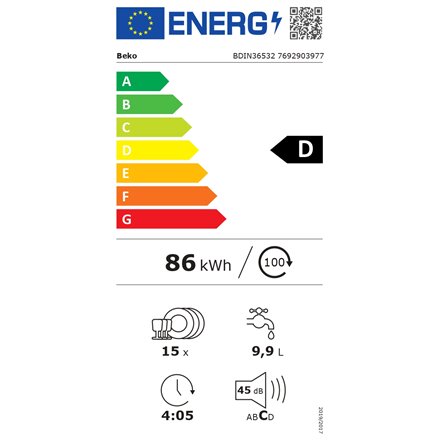 BEKO Dishwasher , BDIN36532 , Built-in , Width 60 cm , Number of place settings 15 , Number of programs 6 , Energy efficiency class D , Display , White