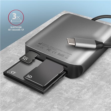 AXAGON Aluminum high-speed USB-C 3.2 Gen 1 memory card reader, 3 slots , CRE-S3C