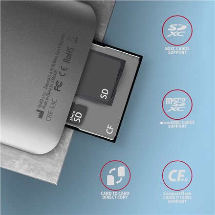 AXAGON Aluminum high-speed USB-C 3.2 Gen 1 memory card reader, 3 slots , CRE-S3C