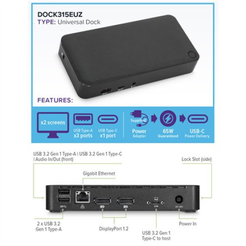 Targus Universal Docking Station , DisplayLink USB-C with 65 W Power Delivery , Ethernet LAN (RJ-45) ports 1 , DisplayPorts quantity 2 , Ethernet LAN