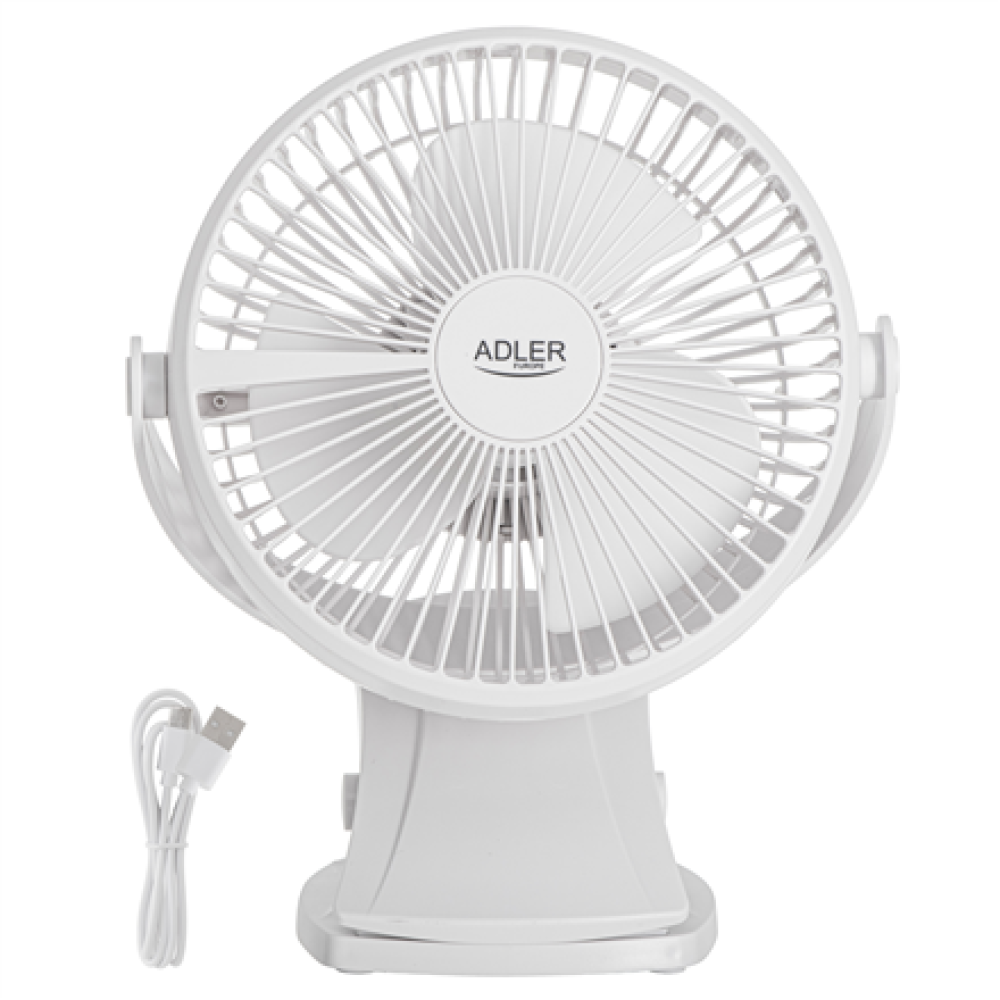 Adler Rechargeable Clip-on Desk Fan , AD 7342 , Table Fan , White , Diameter 15.5 cm , Number of speeds 3 , Oscillation , 5 W