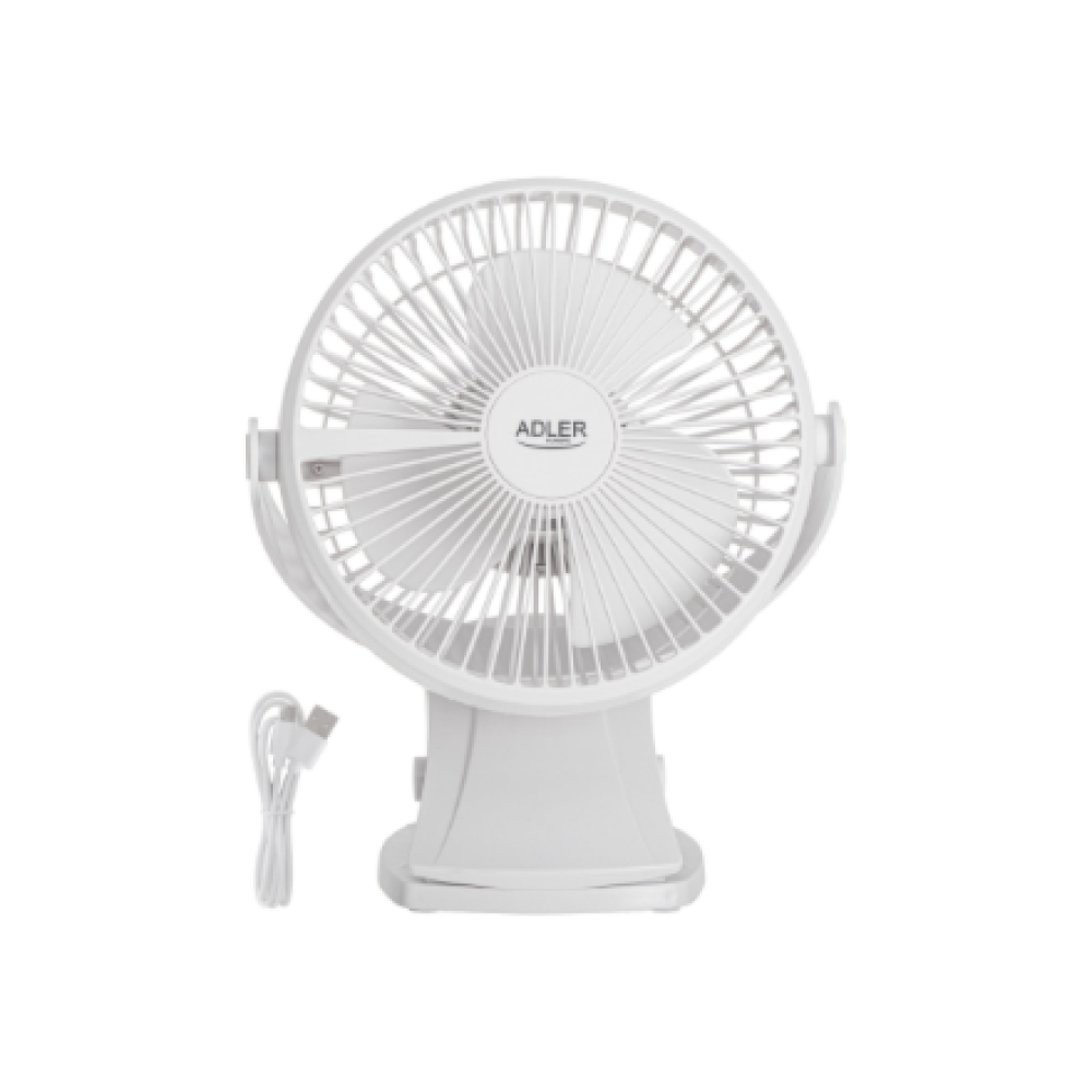 Adler Rechargeable Clip-on Desk Fan , AD 7342 , Table Fan , 5 W , Diameter 15.5 cm , Number of speeds 3 , Oscillation , White