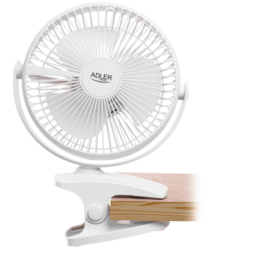 Adler Rechargeable Clip-on Desk Fan , AD 7342 , Table Fan , White , Diameter 15.5 cm , Number of speeds 3 , Oscillation , 5 W