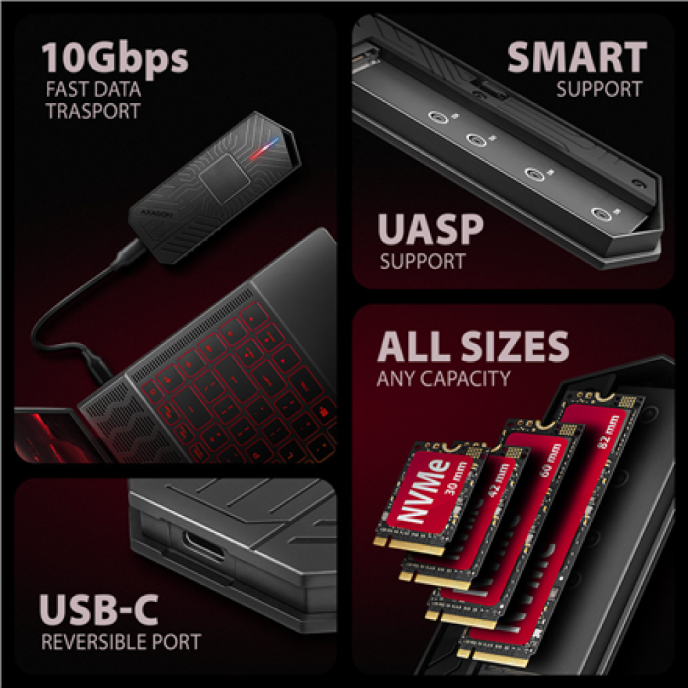 AXAGON USB-C 10Gbps - M.2 NVMe and SATA SSD GAME M.2 box , EEM2-GAM