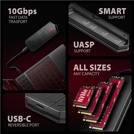 AXAGON USB-C 10Gbps - M.2 NVMe and SATA SSD GAME M.2 box , EEM2-GAM