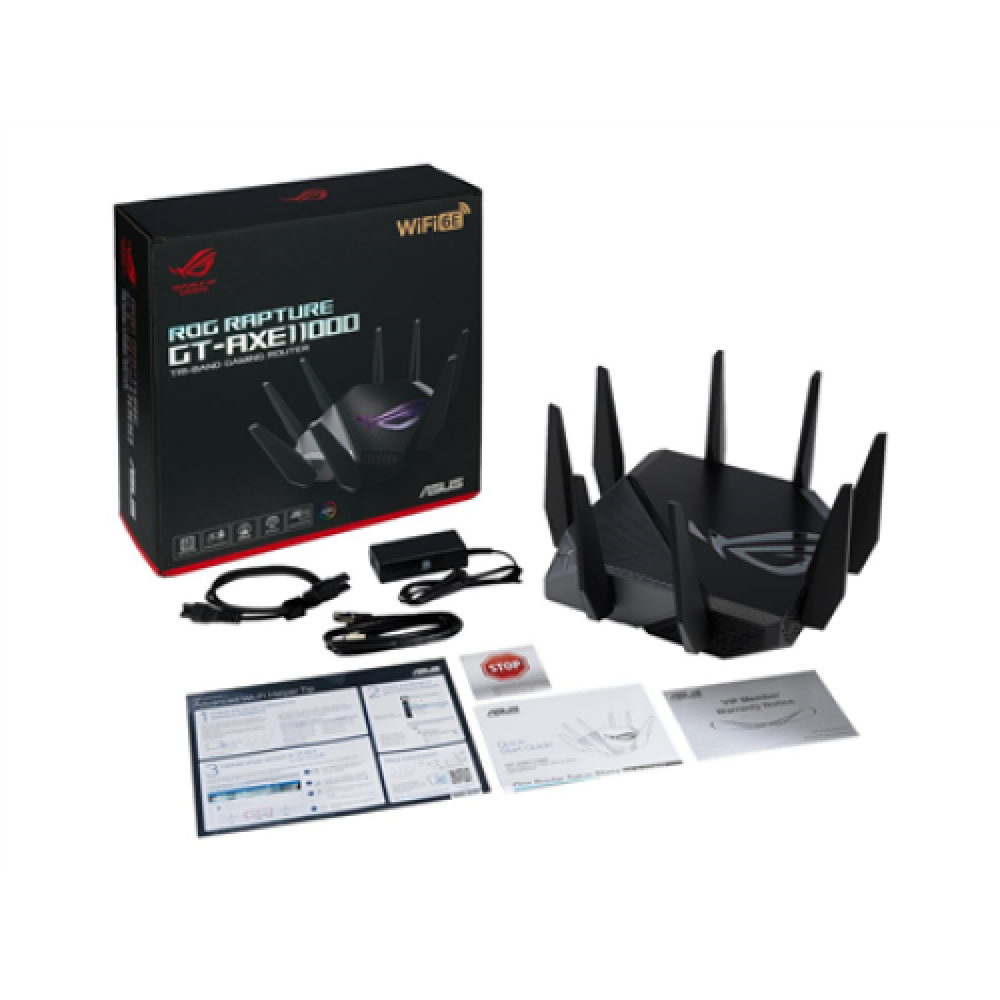 Wi-Fi 6 Tri-Band Gigabit Gaming Router , ROG GT-AXE11000 Rapture , 802.11ax , 1148+4804+4804 Mbit/s , 10/100/1000/2500 Mbit/s , Ethernet LAN (RJ-45) ports 5 , Mesh Support Yes , MU-MiMO Yes , No mobile broadband , Antenna type External , 2xUSB 3.2