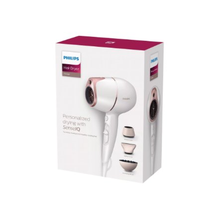 Philips Hair Dryer with SenseIQ , BHD628/00 Prestige , 1800 W , Number of temperature settings 3 , Ionic function , Diffuser nozzle , White/Rose