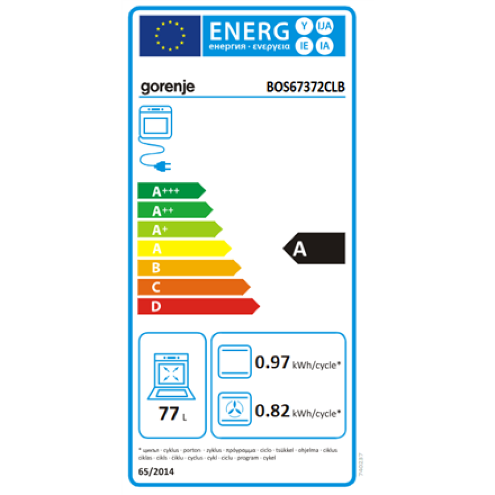 Gorenje Oven , BOS67372CLB , 77 L , Electric , AquaClean , Mechanical control , Steam function , Height 59.5 cm , Width 59.5 cm , Black