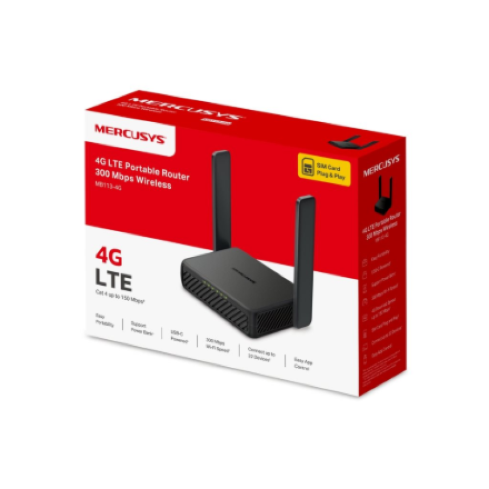 Mercusys MB113-4G , Wireless 4G LTE Portable Router , 802.11n , Ethernet LAN (RJ-45) ports 2 , 300 Mbit/s , Mesh Support No , MU-MiMO No , 4G