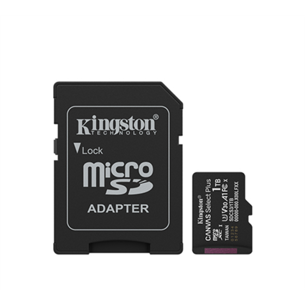 Kingston Memory card , Canvas Select Plus , 1000 GB , microSD , Flash memory class Class 10, UHS-I, U1/U3, video class 10/30, A1