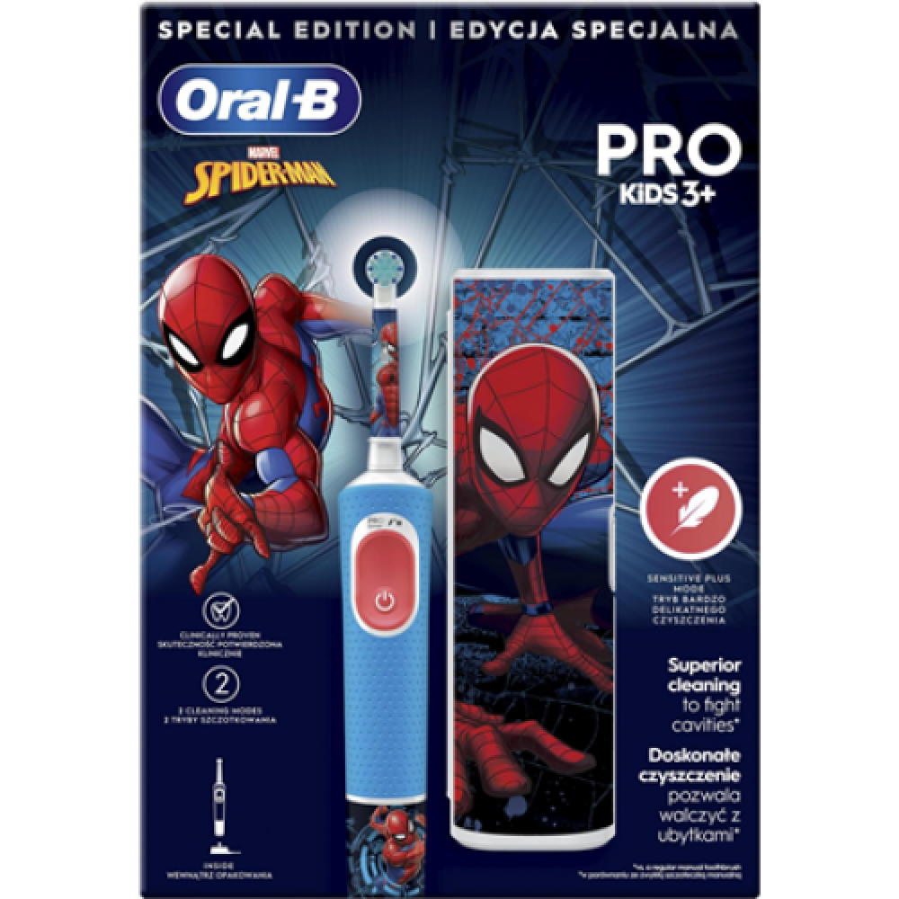 Oral-B , Electric Toothbrush with Travel Case , Vitality PRO Kids Spiderman , Rechargeable , For children , Number of brush heads included 1 , Number of teeth brushing modes 2 , Blue