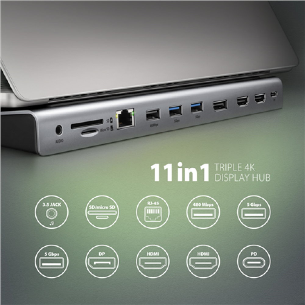 AXAGON USB-C 5Gbps TRIPLE 4K DISPLAY 11in1 Hub , HMC-4KX3