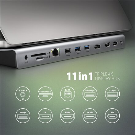 AXAGON USB-C 5Gbps TRIPLE 4K DISPLAY 11in1 Hub , HMC-4KX3