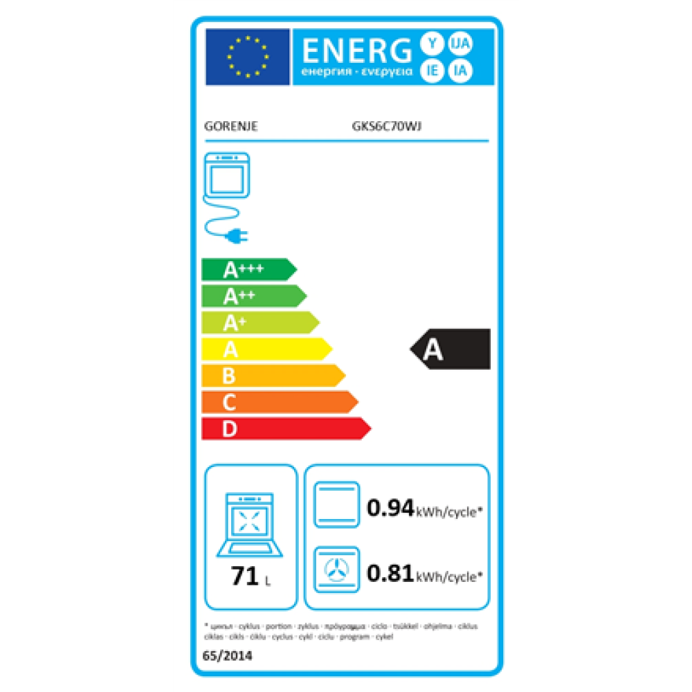Gorenje Cooker , GKS6C70WJ , Hob type Gas , Oven type Electric , White , Width 60 cm , Depth 60 cm , 71 L