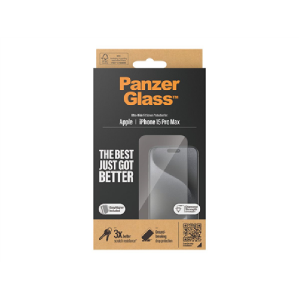 PanzerGlass , Screen protector , Apple , IPhone 15 Pro Max , Glass , Transparent , Ultra-wide fit, Scratch resistant, Drop protection, EasyAligner included