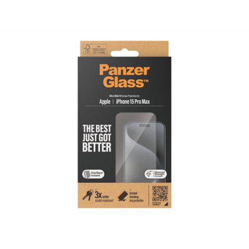 PanzerGlass , Screen protector , Apple , IPhone 15 Pro Max , Glass , Transparent , Ultra-wide fit, Scratch resistant, Drop protection, EasyAligner included