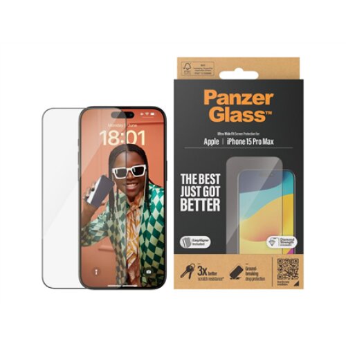 PanzerGlass , Screen protector , Apple , IPhone 15 Pro Max , Glass , Transparent , Ultra-wide fit, Scratch resistant, Drop protection, EasyAligner included