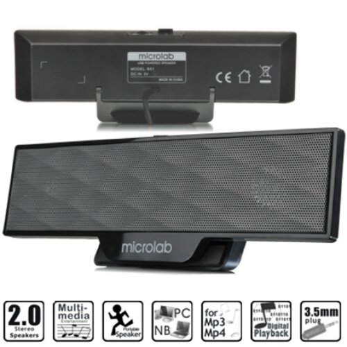 Microlab , B 51 , Black , Output power: 4 Watt RMSPower distribution: 2 Watt x 2Harmonic distortion: < 5% 1 W 1 kHzFrequency response: 80 Hz - 18 kHzSignal/Noise ratio: 65 dBSeparation: 40 dB W , 4 W , Portable speaker