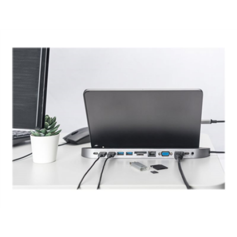 Digitus USB-C Docking Station, 12-Port Dock Ethernet LAN (RJ-45) ports 1 VGA (D-Sub) ports quantity 1 USB 3.0 (3.1 Gen 1) ports quantity 2 USB 2.0 ports quantity 2 HDMI ports quantity 1 Ethernet LAN USB 3.0 (3.1 Gen 1) Type-C ports quantity 2