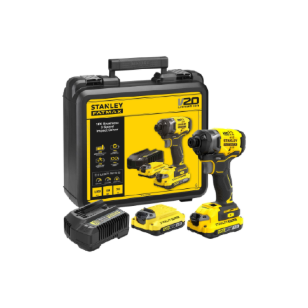 Stanley , 18V V20 Brushless 3-Speed Impact Driver - 2.0Ah Kit , SFMCF820D2K-QW , 18 V , 2.0 Ah , Lithium Ion