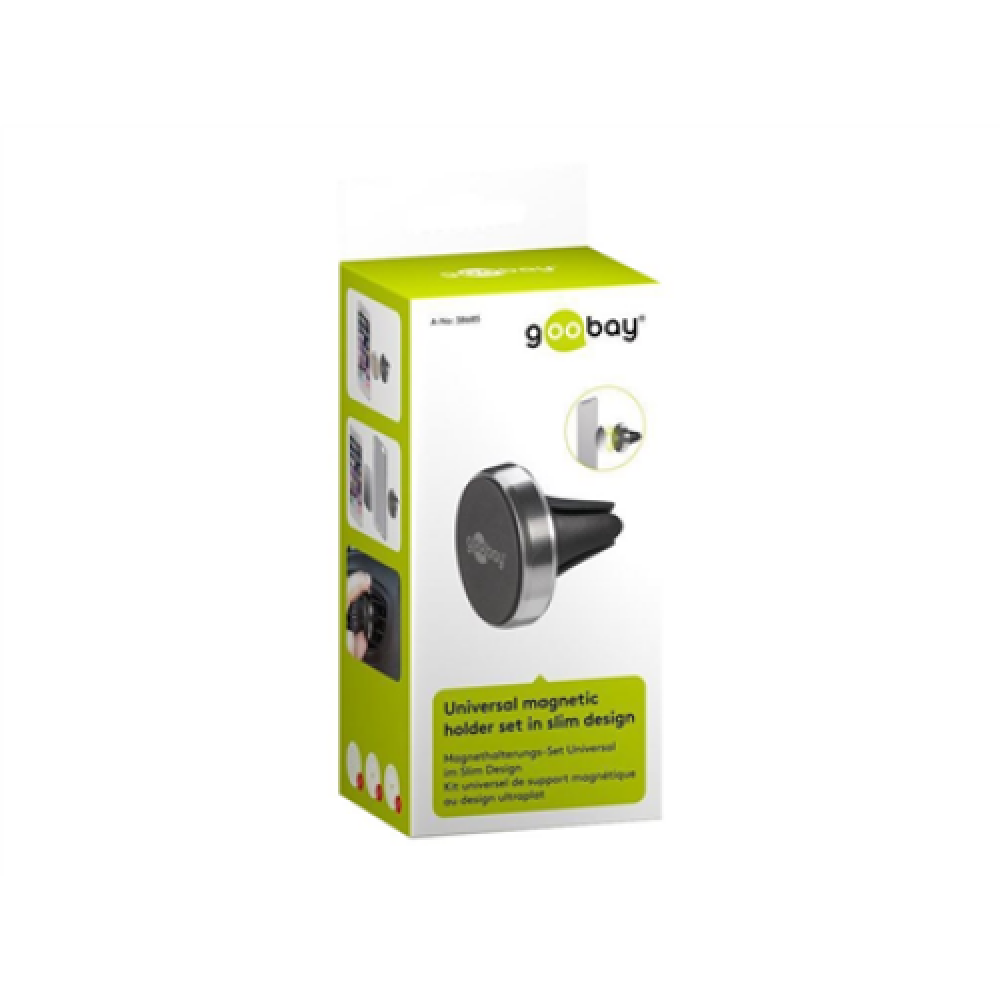 Goobay , Magnetic mount Metal Slim Design for smartphones (35mm) , 38685 , Black/Silver , Magnetic holder is suitable for almost every smartphone; Quick-Snap assembly technology for quick and easy use; Smart and almost invisible fastening option on the ca