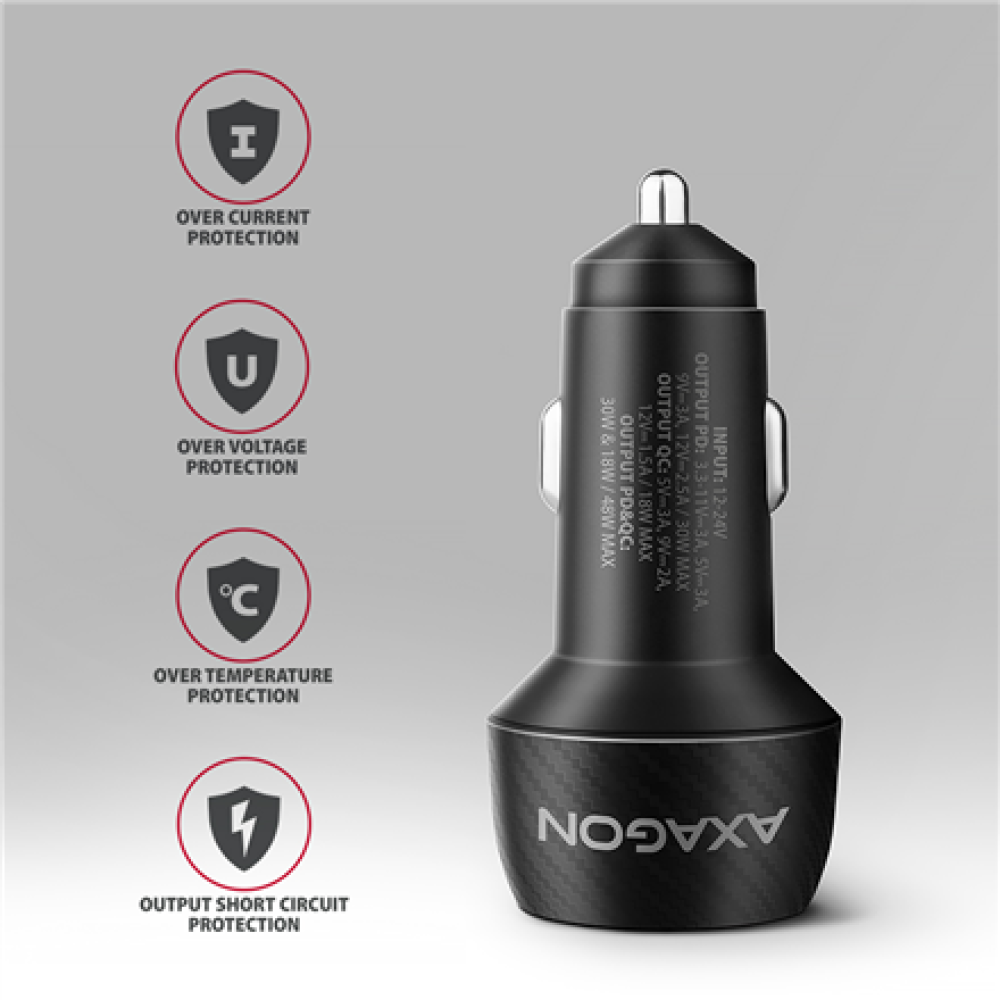 AXAGON Car charger 48W, USB-A + USB-C, PD3.0/PPS/QC4+/SFC , PWC-PQ48