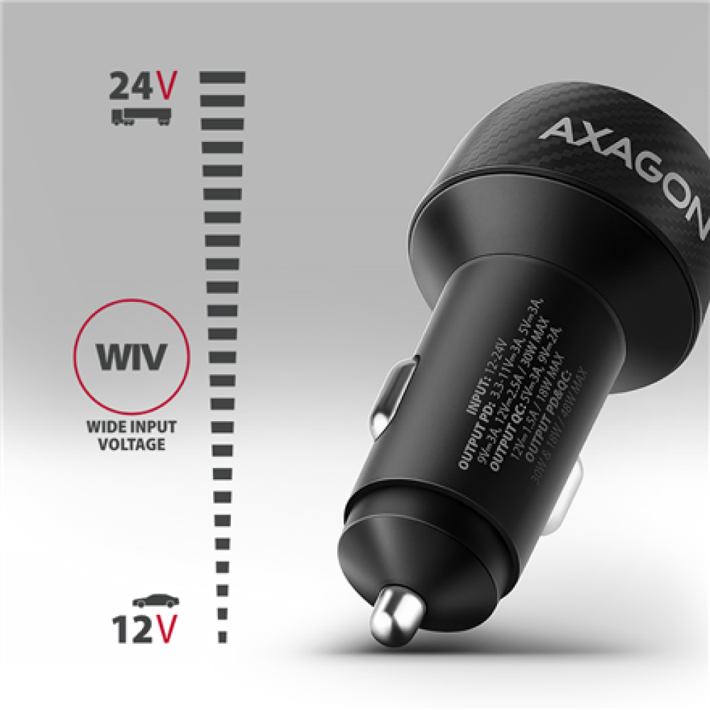 AXAGON Car charger 48W, USB-A + USB-C, PD3.0/PPS/QC4+/SFC , PWC-PQ48