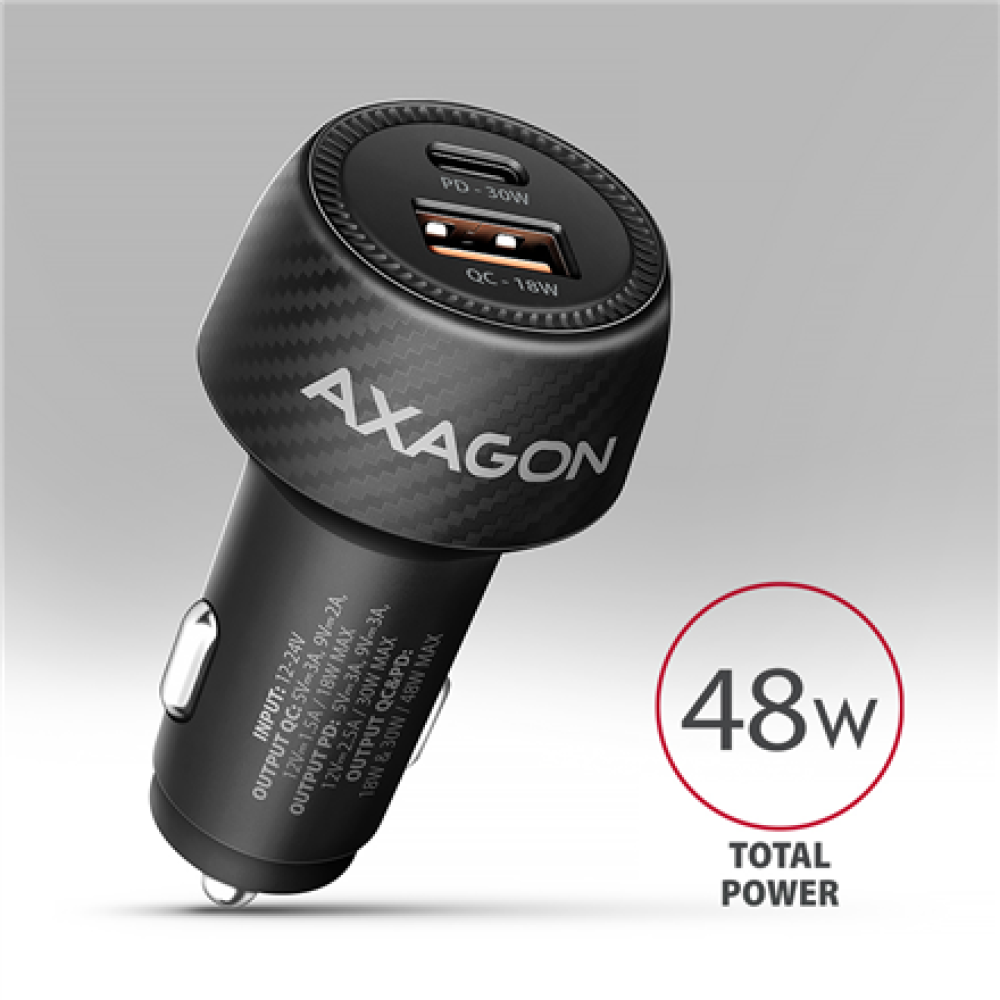 AXAGON Car charger 48W, USB-A + USB-C, PD3.0/PPS/QC4+/SFC , PWC-PQ48