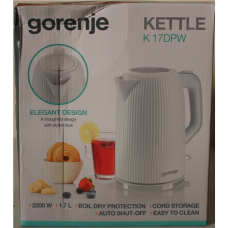 SALE OUT. Gorenje K17DPW Kettle, Electric, Capacity 1.7 L, Power 2200 W, White , SALE OUT. Gorenje , Kettle , K17DPW , Electric , 2200 W , 1.7 L , Stainless steel , 360° rotational base , White , DAMAGED PACKAGING