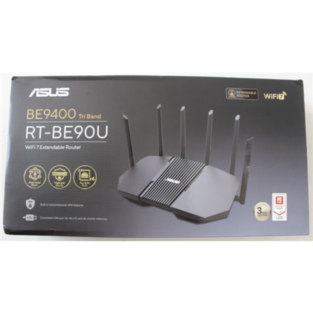 SALE OUT. Asus RT-BE90U Tri-band WiFi 7 Router, EU+UK , Asus BE9400 Tri-band WiFi 7 AiMesh Extendable Router , RT-BE90U , 802.11be , Ethernet LAN (RJ-45) ports 3 , Mesh Support Yes , MU-MiMO No , 4G/5G , Antenna type External , 36 month(s) , DEMO