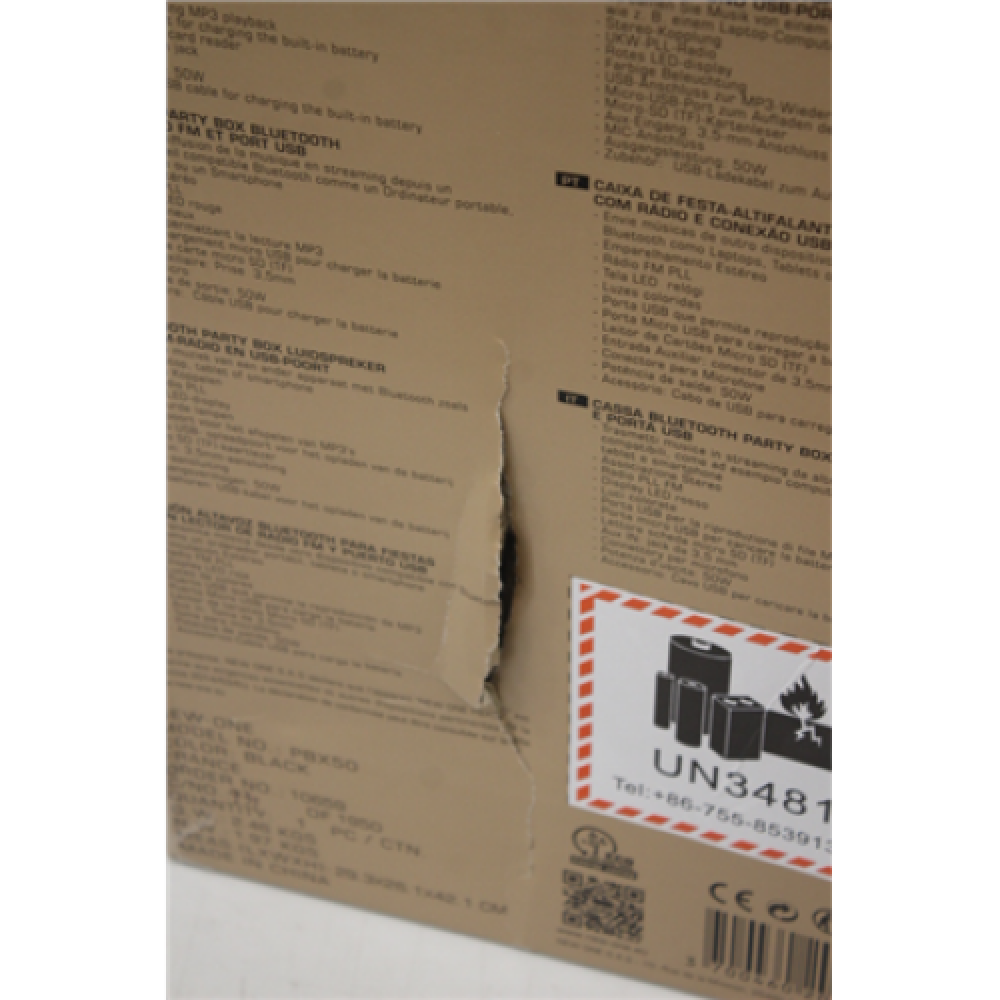 SALE OUT. New one PBX50 Party Bluetooth speaker with FM radio and USB port New-One Party Bluetooth speaker with FM radio and USB port PBX 50 50 W Black Bluetooth