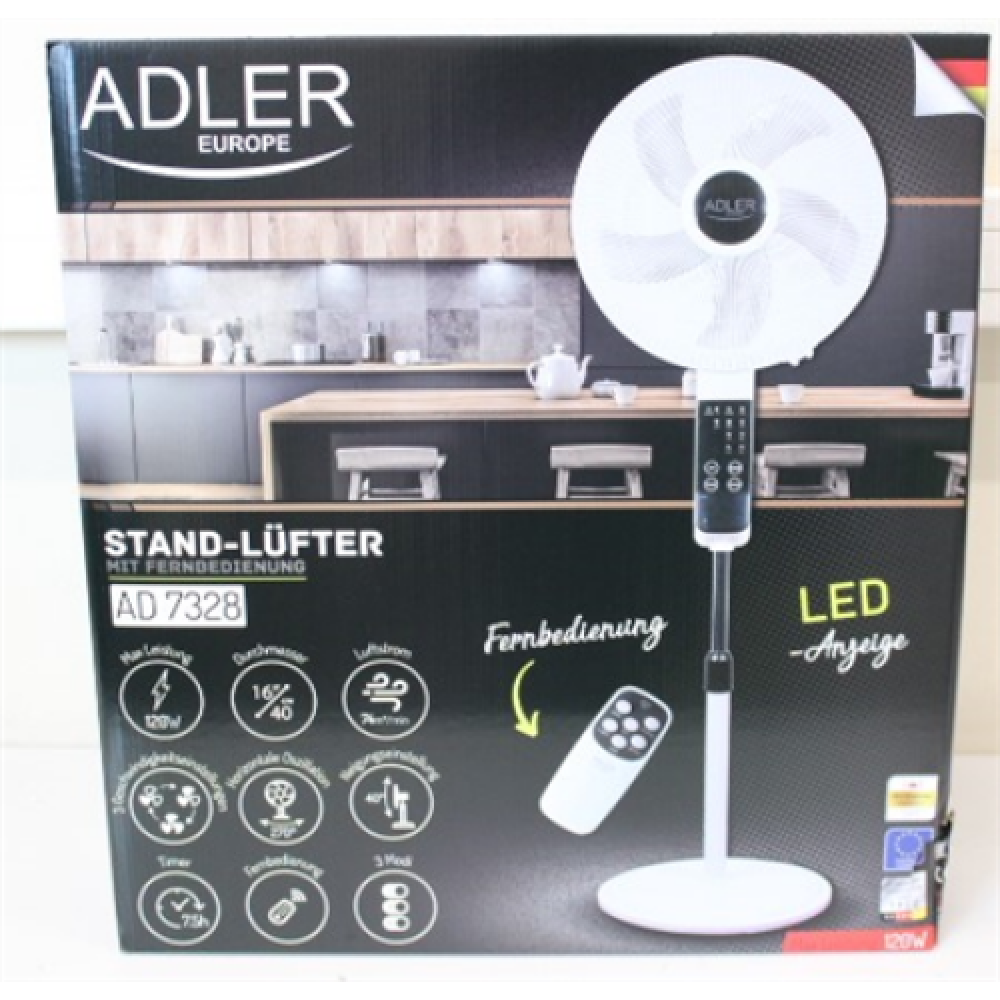 SALE OUT. Adler AD 7328 Fan 40cm/16 - stand with remote control, White Adler Fan AD 7328 Stand Fan DAMAGED PACKAGING, SCRATCHES Diameter 40 cm White Number of speeds 3 120 W Yes Oscillation , Adler , Fan , AD 7328 , Stand Fan , DAMAGED PACKAGING, SCRATCHE