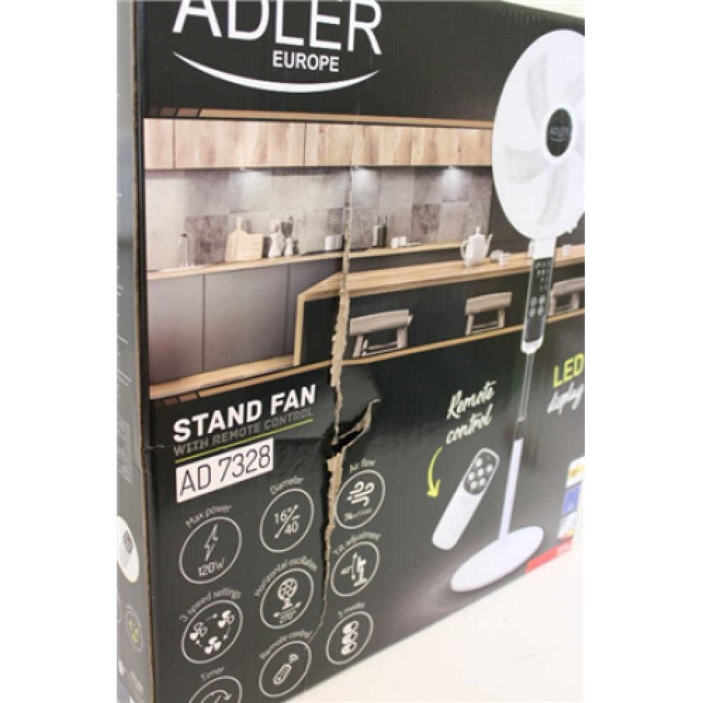 SALE OUT. Adler AD 7328 Fan 40cm/16 - stand with remote control, White Adler Fan AD 7328 Stand Fan DAMAGED PACKAGING, SCRATCHES Diameter 40 cm White Number of speeds 3 120 W Yes Oscillation , Adler , Fan , AD 7328 , Stand Fan , DAMAGED PACKAGING, SCRATCHE
