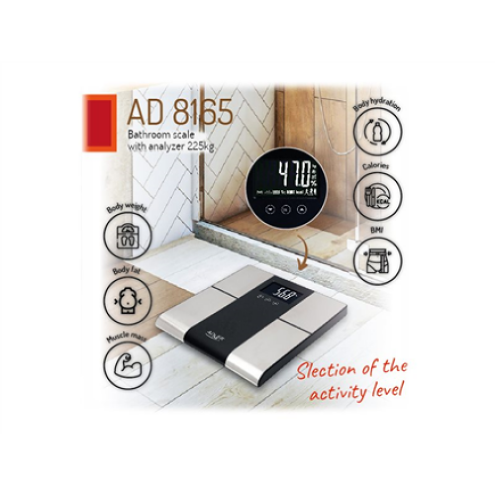 Adler , Bathroom scale with analyzer , AD 8165 , Maximum weight (capacity) 225 kg , Accuracy 100 g , Body Mass Index (BMI) measuring , Stainless steel/Black