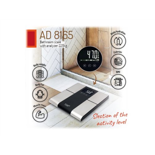 Adler , Bathroom scale with analyzer , AD 8165 , Maximum weight (capacity) 225 kg , Accuracy 100 g , Body Mass Index (BMI) measuring , Stainless steel/Black