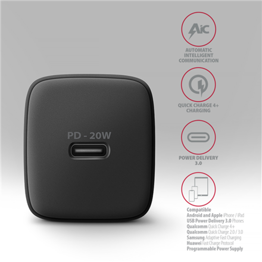 AXAGON Wallcharger 1x port USB-C, PD3.0/PPS/QC4+/AFC/FCP/Apple, 20W , ACU-PD20