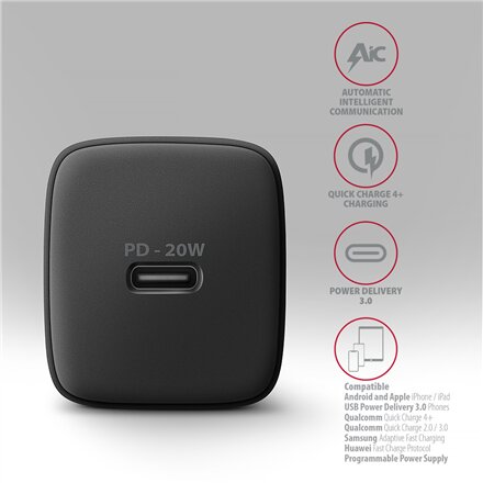 AXAGON Wallcharger 1x port USB-C, PD3.0/PPS/QC4+/AFC/FCP/Apple, 20W , ACU-PD20